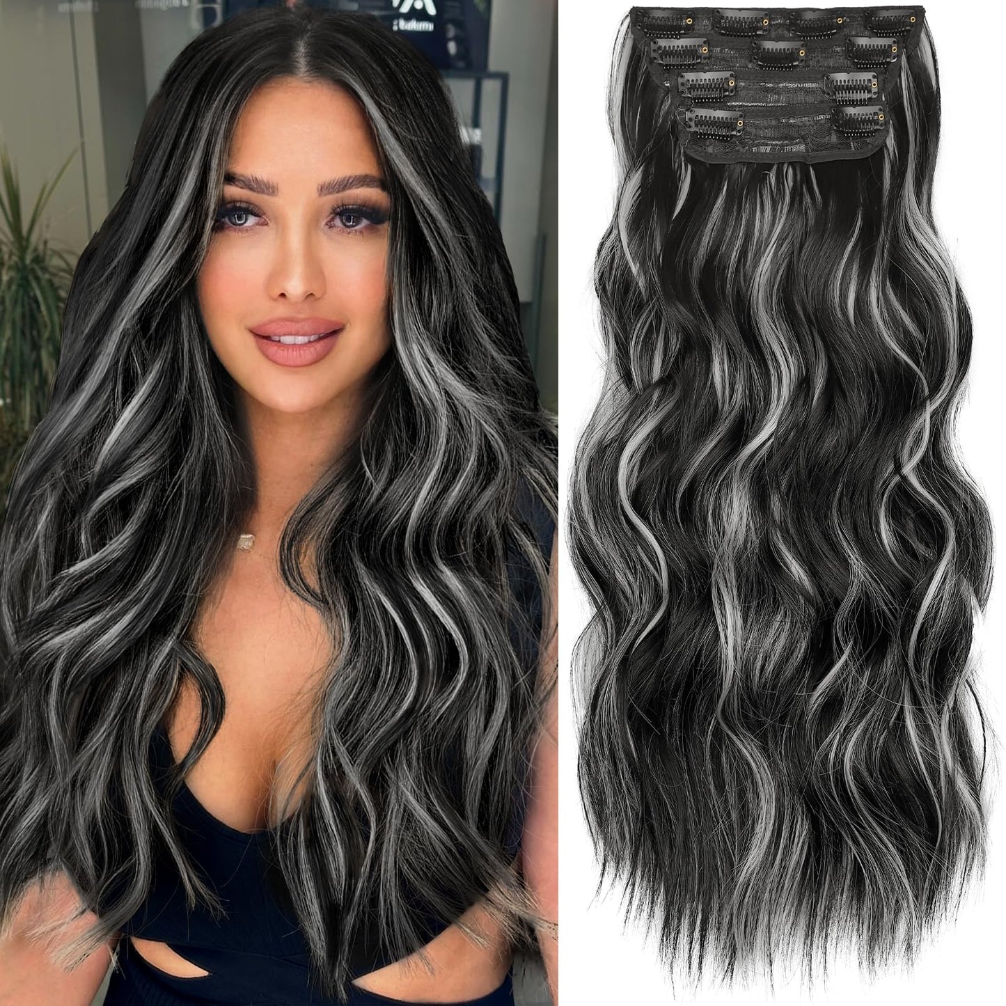 KooKaStyle Clip in Hair Extensions Long Wavy 4PCS Thick Hairpieces Synthetic Highlight Hair Extensions Black and White Mix Fiber Double Weft Natural 20Inch for Women