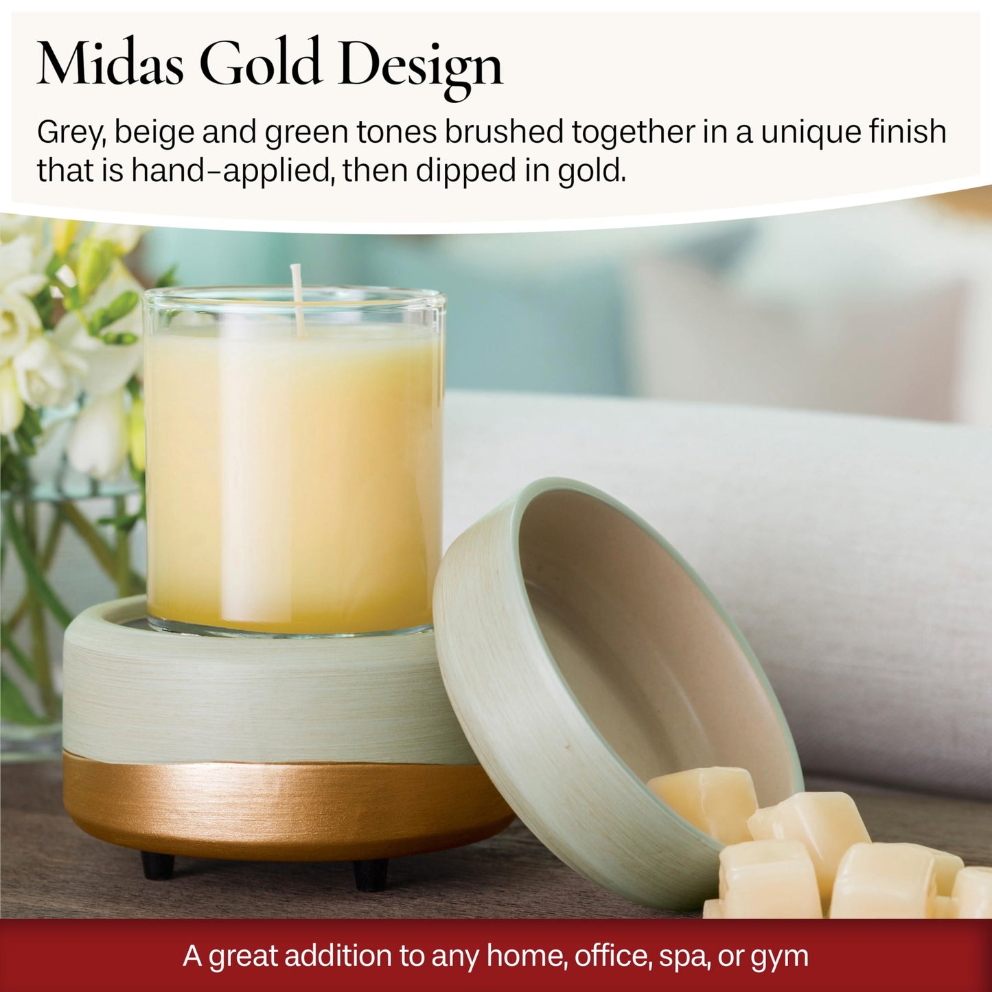 CANDLE WARMERS ETC 2-in-1 Candle and Fragrance Warmer for Warming Scented Candles or Wax Melts and Tarts with to Freshen Room, Midas