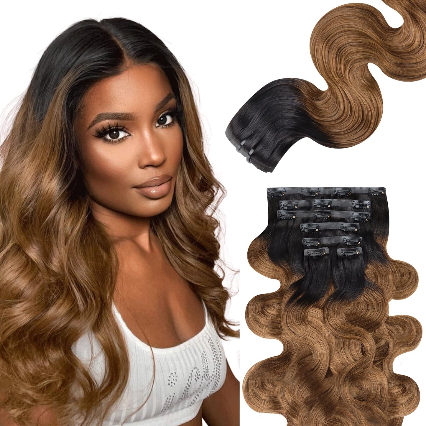 Lashey Clip in Hair Extensions Ombre Natural Black to Medium Auburn Seamless Clip in Hair Extensions Human Hair 110g 7pcs 14 Inch Body Wave Remy Human Hair Extensions for Black Women