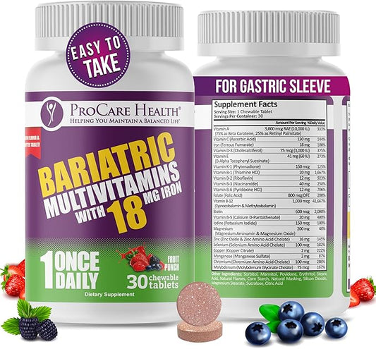 ProCare Health Bariatric chewable Multivitamin with Iron 18mg (30 Tablets) - Fruit Punch Flavor Bariatric Multivitamin Chewable for Gastric Bypass & Sleeve Gastrectomy Patients* (1 Month Supply)