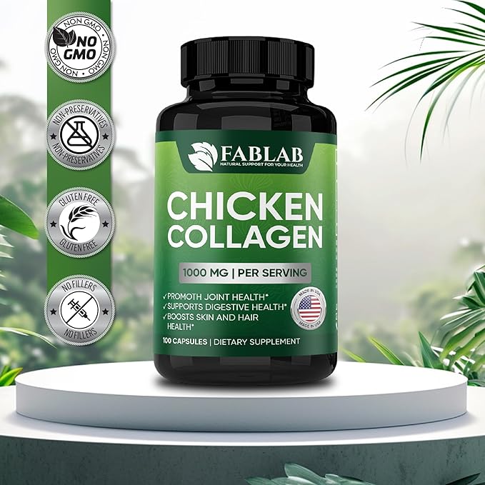 FabLab Chicken Collagen Type II Supplement - Nutritional Supplement for Joint, Nerve & Bone Support - Non-GMO, Anti-Aging Dietary Product with Hydrolyzed Peptides- 100 Capsules