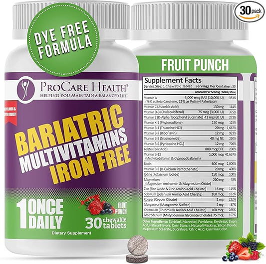 ProCare Health Chewable Bariatric Multivitamin Without Iron (30 Tablets) - Fruit Punch Flavor Once Daily Bariatric Multivitamin with Iron Free for Gastric Bypass and Sleeve Patients (01 Month Supply)
