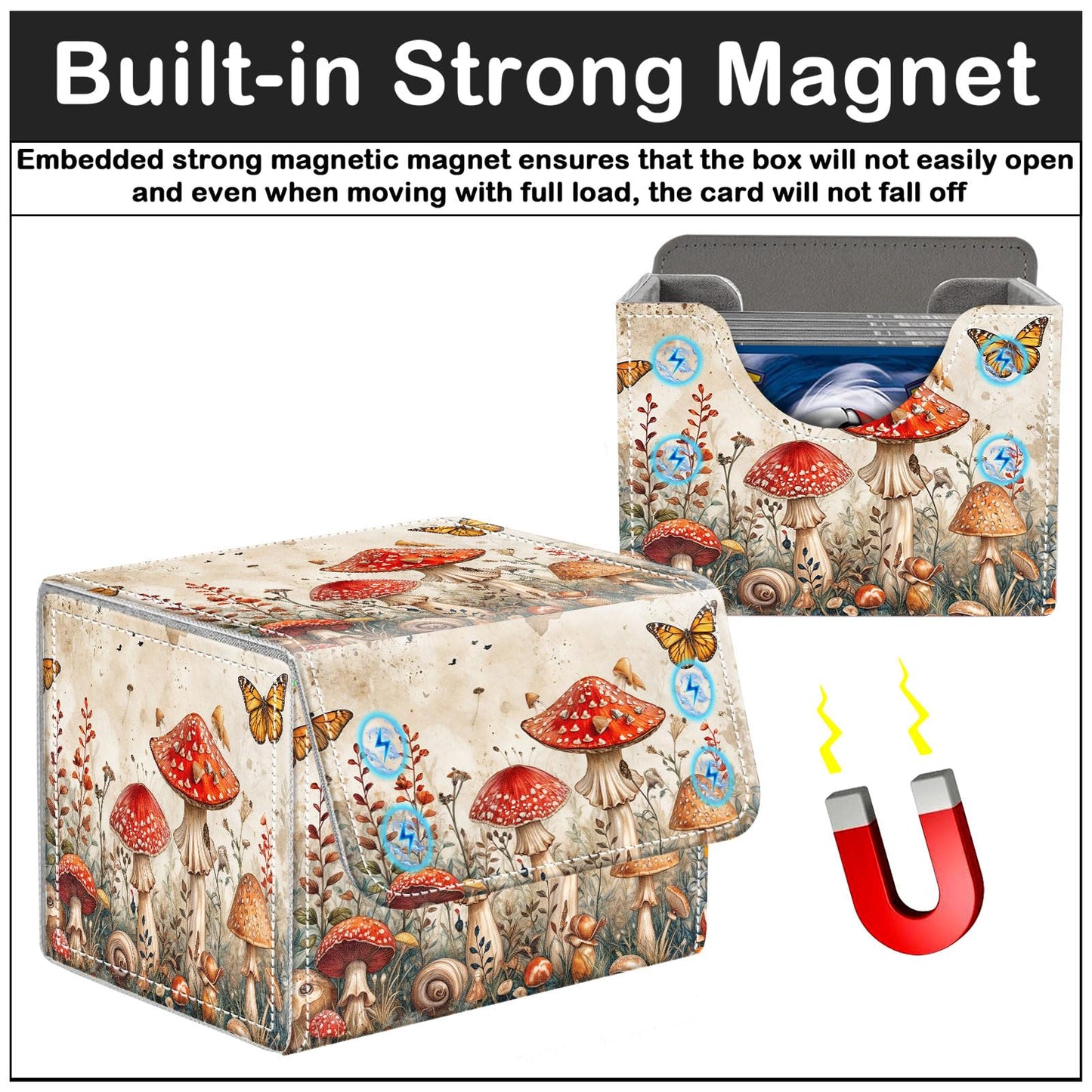 CAPAUNVDA Card Deck Box for MTG Trading Cards with Magnetic Closure,Premium Card Storage Box Case Cover for TCG CCG Magic Cards,Mushroom Butterfly Weed