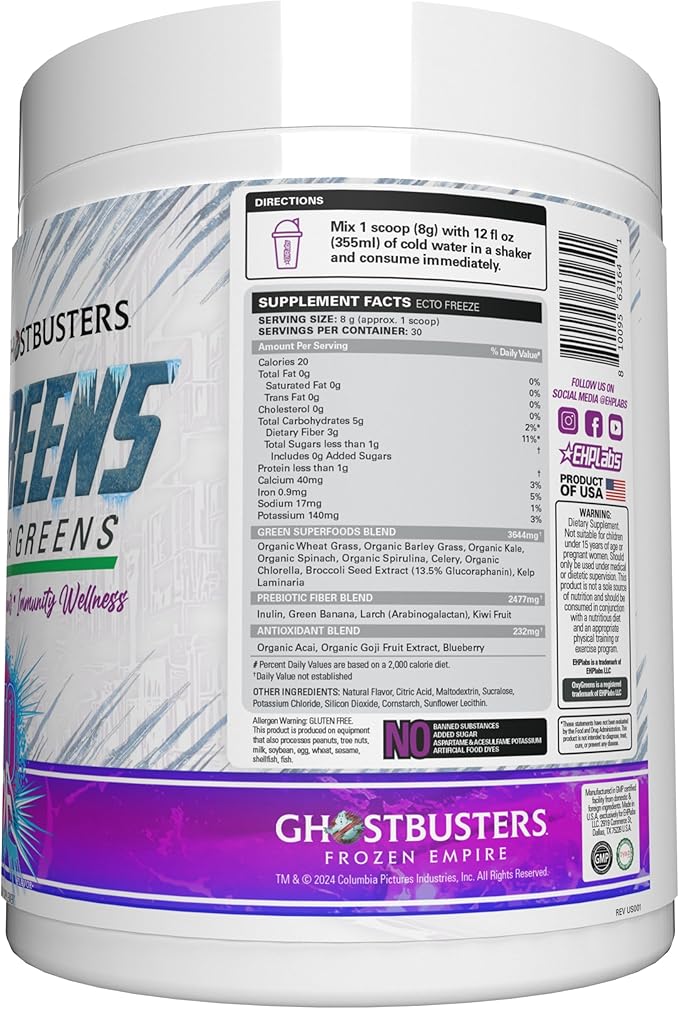 EHP Labs x Ghostbusters OxyGreens Super Greens Powder - Spirulina & Chlorella Superfood, Green Juice Powder with Prebiotic Fibre, Antioxidants & Immunity Support, 30 Serves (Ecto Freeze)