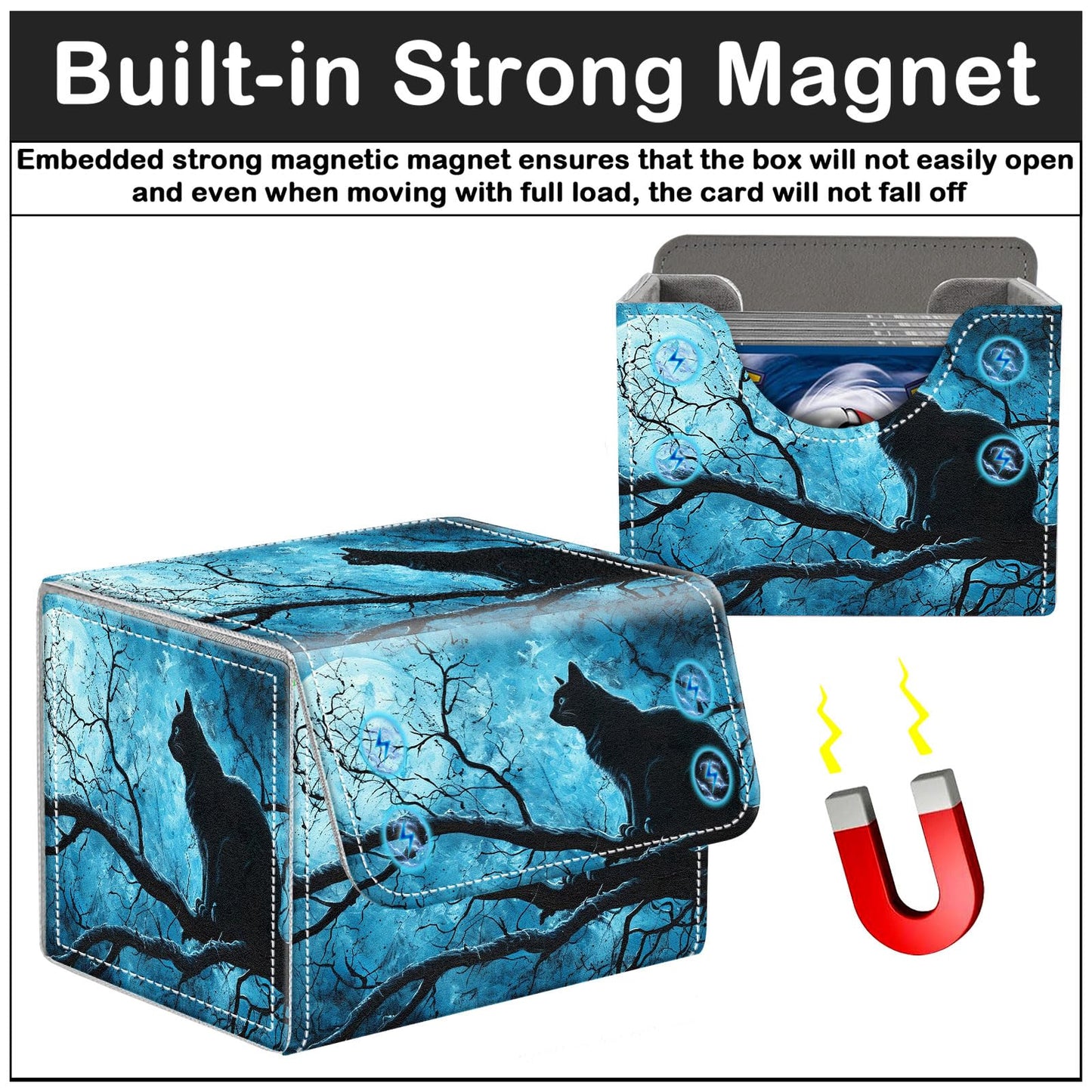 CAPAUNVDA Card Deck Box for MTG Trading Cards with Magnetic Closure,Premium Card Storage Box Case Cover for TCG CCG Magic Cards,Black Cat on Tree