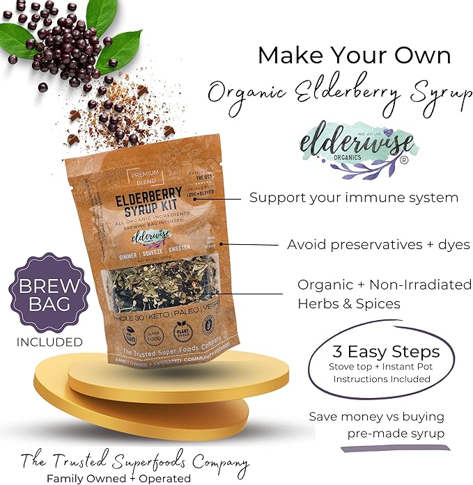 Elderwise Organic Elderberry Syrup Kit - Easy to Use, DIY Elderberry Syrup Making Kit with Elderberries ,Rosehips, Ginger, Echinacea, Cinnamon, and Cloves, Makes 32oz of Syrup, Brewing Bag Included