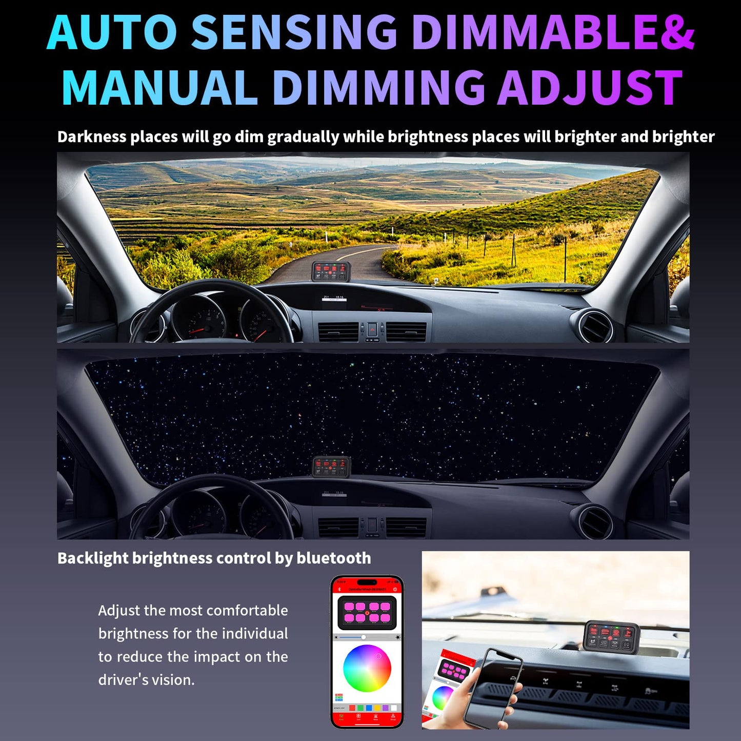 YCHOW-TECH RGB 8 Gang Switch Panel with 3 Lighting Modes Switch Pod Dimmable Function Toggle Momentary Pulsed Bluetooth Switch Circuit Control Relay System Box for Truck SUV Offroad Marine