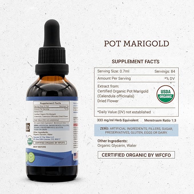 Secrets of the Tribe Pot Marigold USDA Organic | Alcohol-Free Extract, High-Potency Herbal Drops | Made from 100% Certified Organic Pot Marigold (Calendula, Calendula Officinalis) Dried Flower (2 oz)