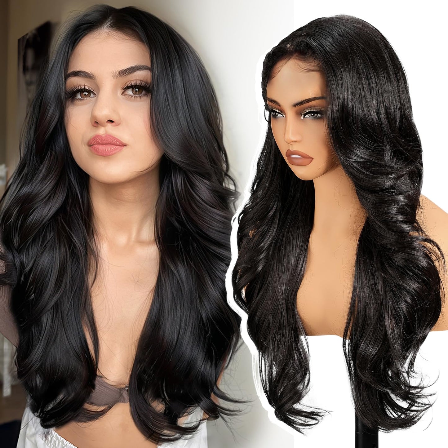 KOME Black Synthetic Lace Front Wig,13×4 HD Lace Layered Wave Glueless Wigs for Women Daily Use 26IN