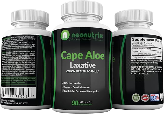 Cape Aloe Natural Laxatives for Constipation Relief- Promotes Healthy Bowel Movement- Supplement for Men & Women - Herbal Detox - 90 Capsules - Made in The USA by Neonutrix