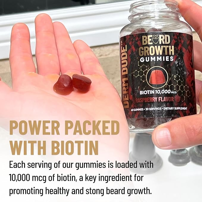 Derm Dude Beard Growth Gummies for Men | Packed With Biotin 10K MCG for Healthier, Thicker, Fuller & Stronger Facial Hair | Restore Hair Breakage & Thinning | Berry Flavored | 60 Gummies 30-Day Supply