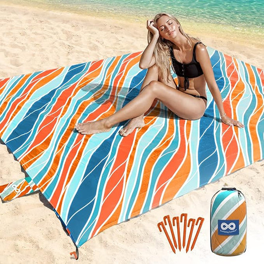 Everlasting Comfort Beach Blanket Waterproof Sandproof - Large Oversized Beach Mat for 10 People w/Stakes, Storage Bag - Beach Accessories for Family, Picnic, Concert, Travel