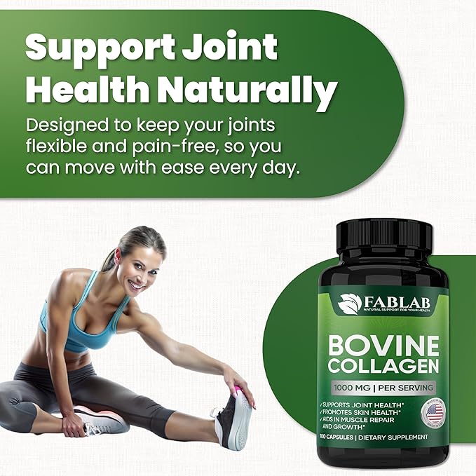 FabLab Bovine Collagen Type I Supplement - Nutritional Supplement for Joint, Nerve & Bone Support - Non-GMO, Anti-Aging Dietary Product with Hydrolyzed Peptides - 100 Capsules