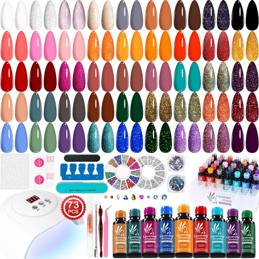Lavender Violets 73 Pcs Gel Nail Polish Kit with U V Light, 45 Colors with Nail Primer,Builder Base,Matte & Glossy Top Coat Soak Off Manicure Tools Gifts for Women LA06