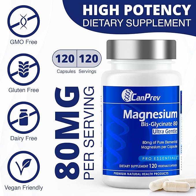 CanPrev Magnesium Biglycinate Chelated 80mg Ultra Gentle 120 V-Caps 120-Day Supply - Support Muscle Function, Bone Strength & Relaxation, Pure Magnesium Bisglycinate Formula, Promote Comfort & Balance