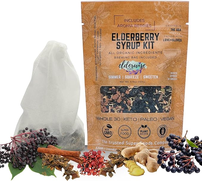 Elderwise Organic Elderberry Aronia Berry Syrup Kit - Elderberries, Aronia Berries, Rosehips, Ginger, Echinacea, Cinnamon, and Cloves, Makes 32oz of Syrup, Brewing Bag Included
