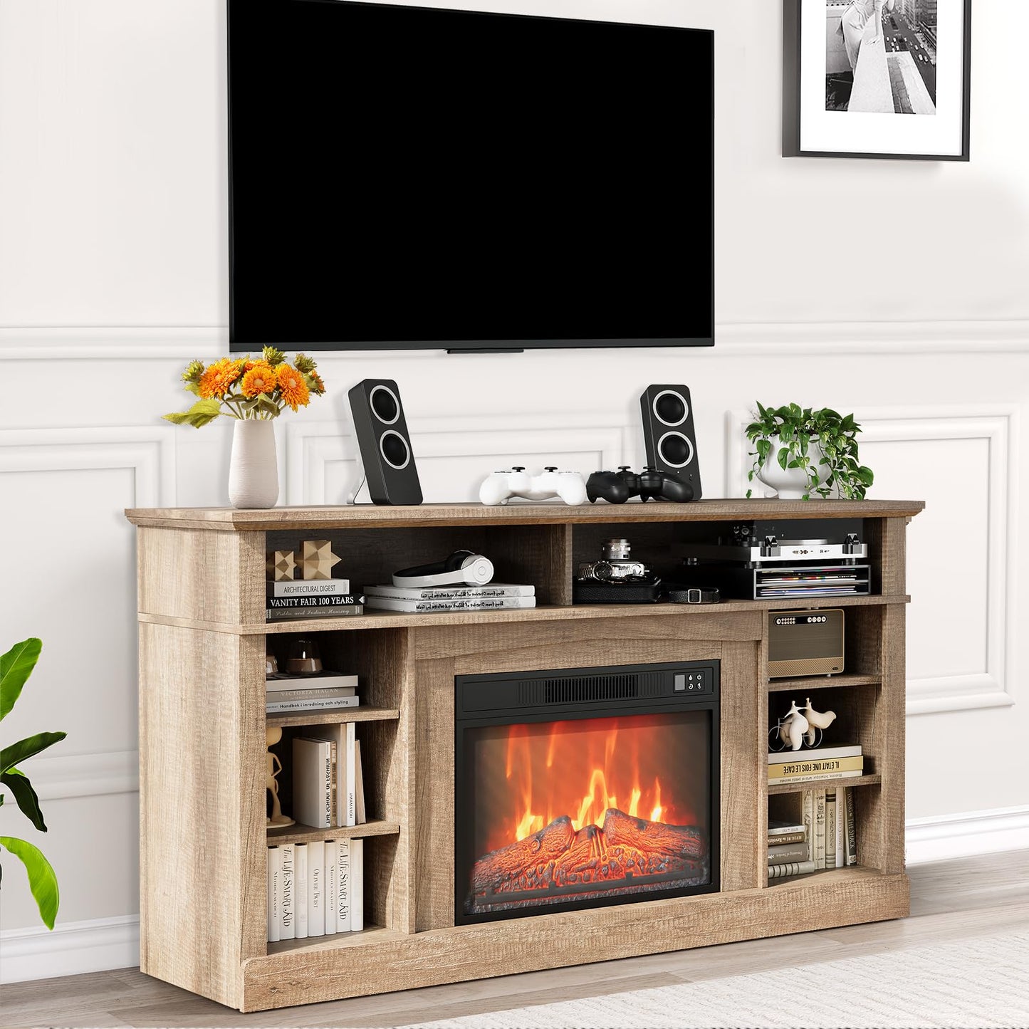 Electric Fireplace Tv Stand for Tvs Up to 58 Inch, Farmhouse 23" Remote Control Fireplace Entertainment Center with Sliding Barn Door, Storage Cabinets/Adjustable Shelves for Living Room