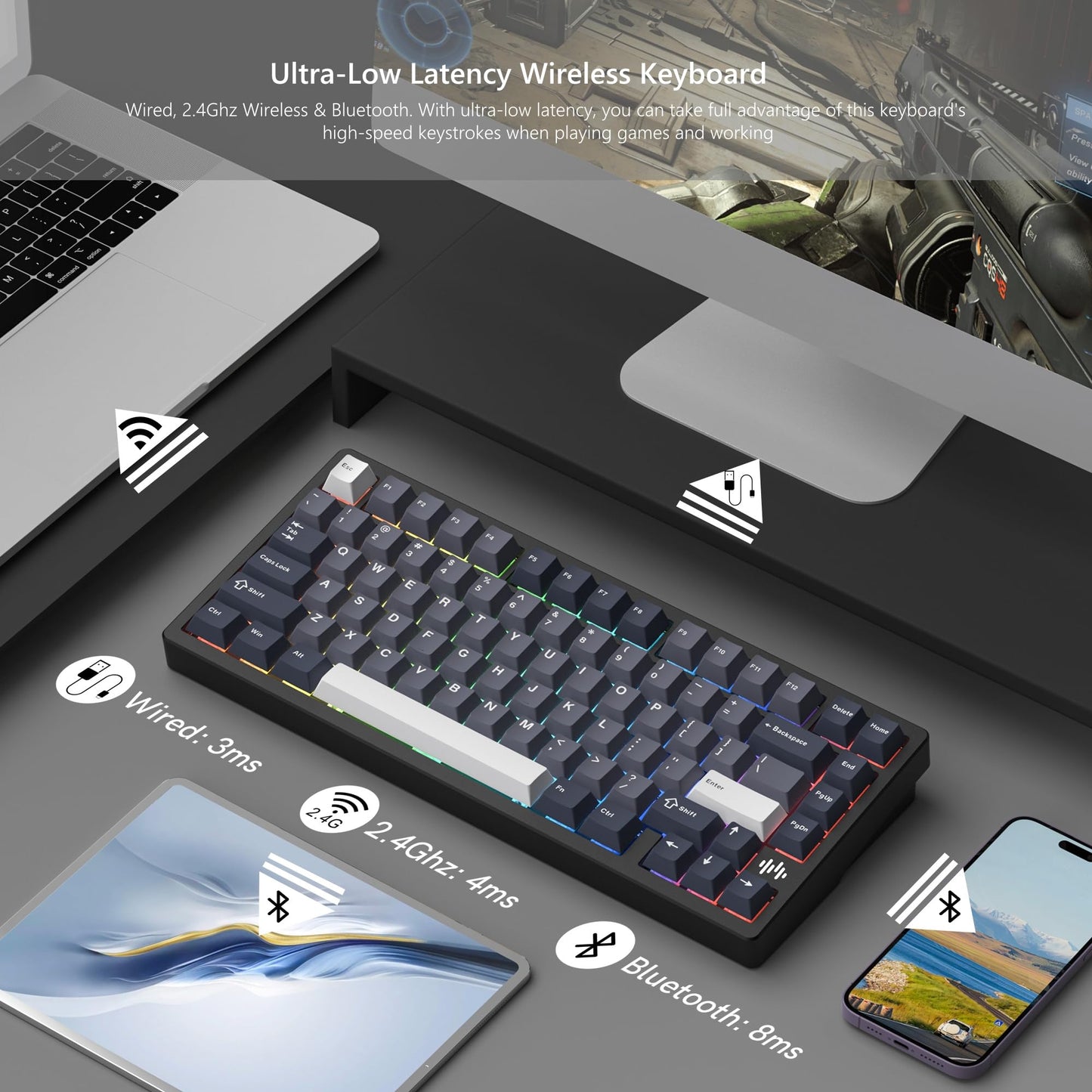 Womier RD75 Pro 75% Keyboard, Quick Release Wireless Aluminum Gaming Keyboard, QMK/VIA Tri-Mode Mechanical Key Board Custom Hot Swappable with RGB Creamy for Windows/Mac/PC,Black (Black)