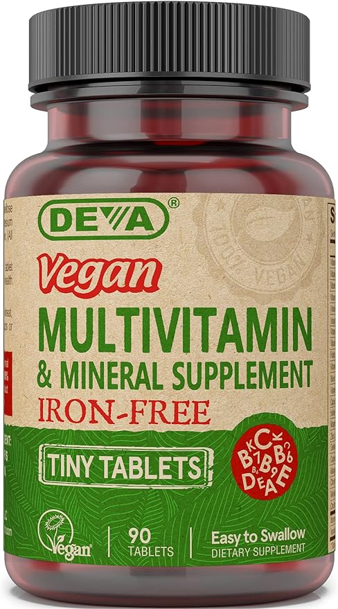 DEVA Vegan Iron-Free Multivitamin & Mineral Supplement, Vitamin C, D2, E & B-Complex, Biotin, 90 Tiny Tablets