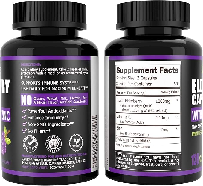 ECO-TASTE Elderberry Capsules with Zinc & Vitamin C - 120 Capsules, Sambucus Elderberries for Immune Support, Skin Health - Veggie Caps