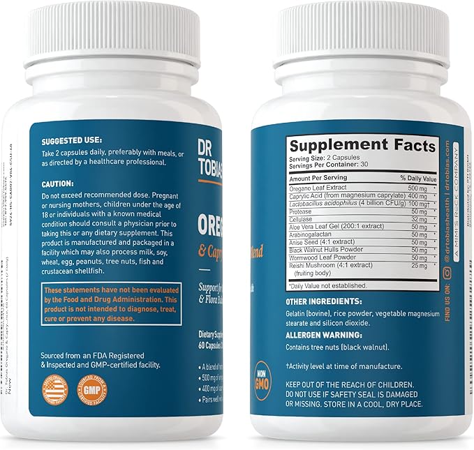 Dr. Tobias Adult Multivamin & Oregano and Caprylic Acid Supports Energy, Immune & Intestinal Health, Gut Flora Balance Complex, 42 Fruits & Vegetables with Probiotics & Herbs for Men & Women