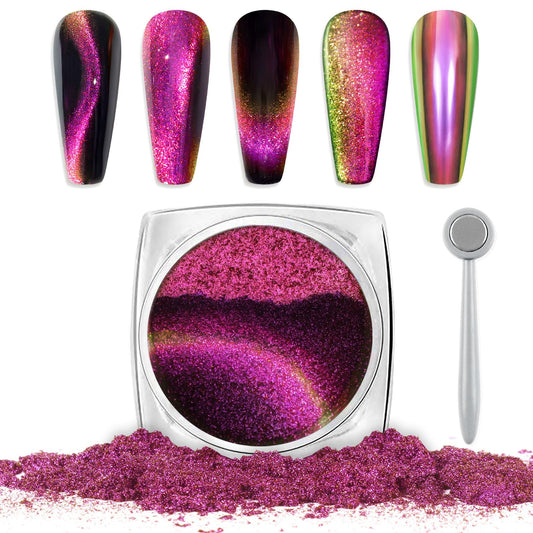 Laza Cat Eye Chrome Nail Powder Chameleon Magnetic Powder 9D Holographic Effect Pigment Dust Magic Galaxy Mirror Effect Glitter with Magnetic Stick for Velvet Nail Art - Pinky Purple Golden Green