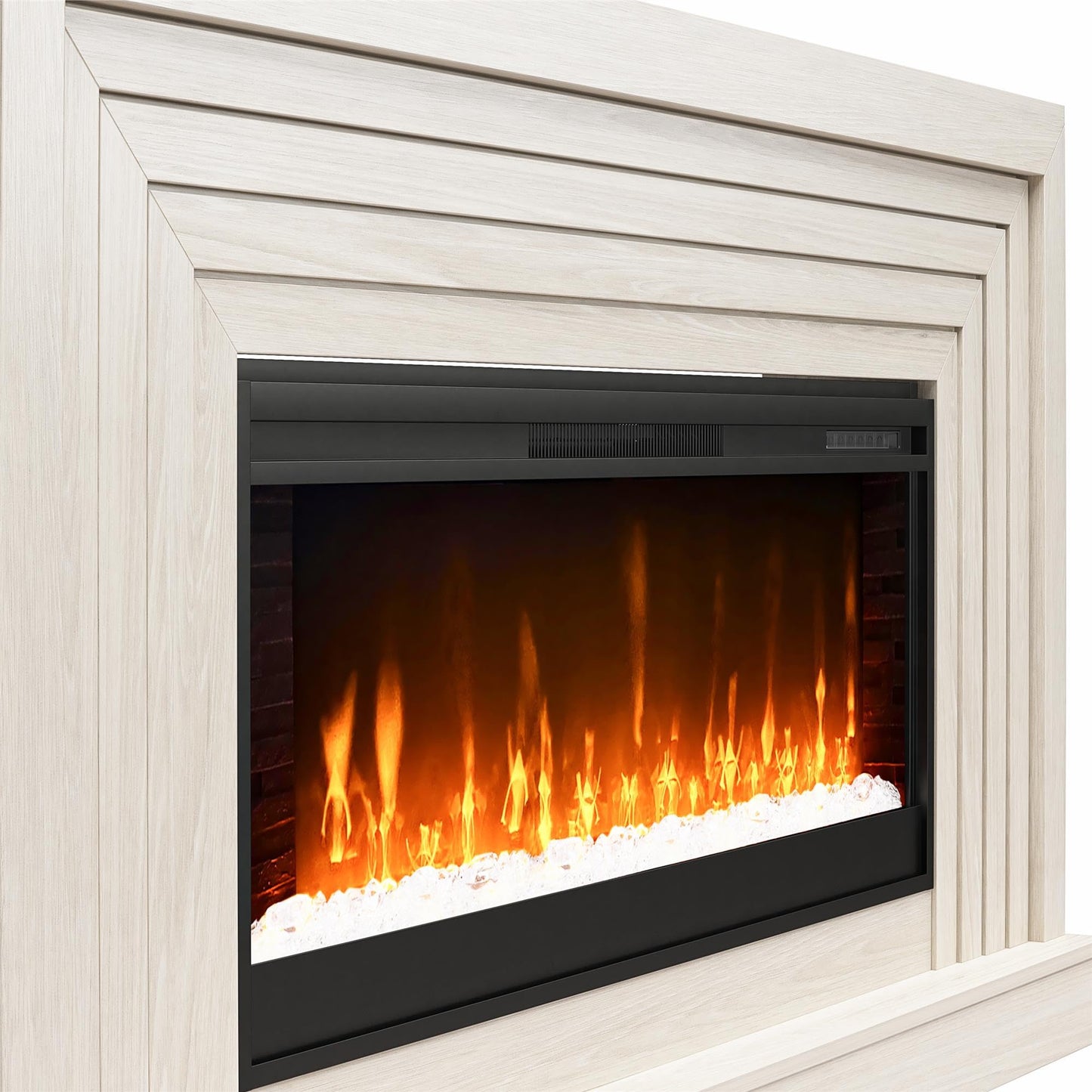 Novogratz Monroe Wide Mantel Stone and Crystal Electric Fireplace, White Oak