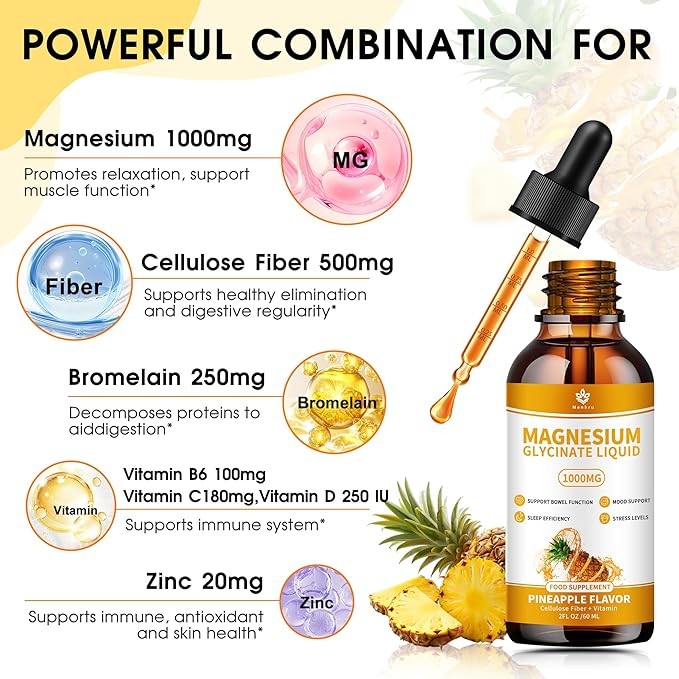 (2 Pack) Magnesium Glycinate Liquid Drops with Cellulose Fiber, Vitamin B6, C, D, Zinc, Magnesium,for Sleep, Nerve, Energy, Muscle, Bone, Calm & Digestion, High Absorption, 4 Fl oz