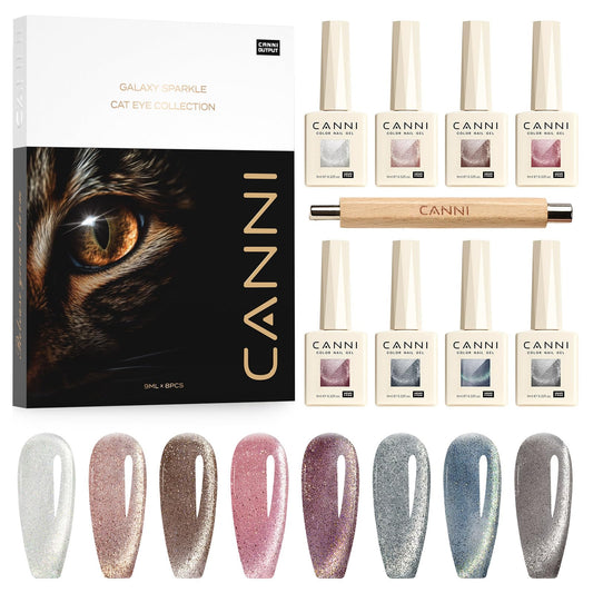 CANNI 8 Pcs 9 ML Cat Eye Gel Nail Polish Set, Jelly Pink Blue Silver Glitter Holographic Cat Eye Gel Polish Kit with Magnet Shimmer Colors Soak Off Led Nail Art Gel Manicure Salon DIY Gifts