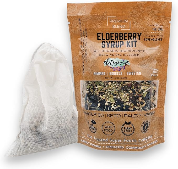 Elderwise Organic Elderberry Syrup Kit - Easy to Use, DIY Elderberry Syrup Making Kit with Elderberries ,Rosehips, Ginger, Echinacea, Cinnamon, and Cloves, Makes 32oz of Syrup, Brewing Bag Included