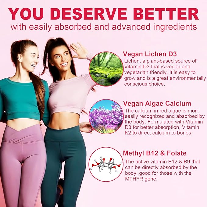 (2 Pack) Sugar Free Methylated Multivitamin for Women Gummies with Calcium, D3 K2, Inositol, Folate, Biotin, Iron, Vitamin A, C, E, B Complex - Multi Vitamins & Minerals - Energy, Immune, Bone - Vegan