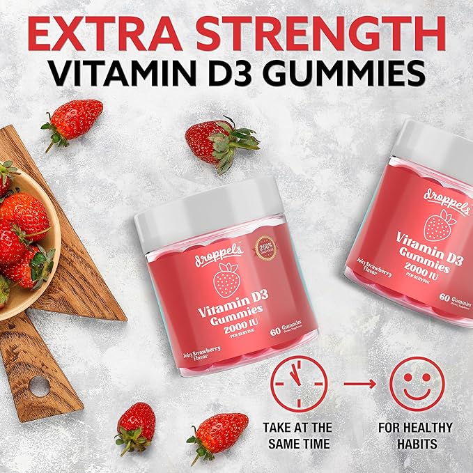 Droppels Vitamin D3 Gummies 2000 IU – Extra Strength, Vegetarian, Pectin Plant-Based Vitamin D Gummies for Bone Health Support – Juicy Strawberry Flavor, 60 Count (1-Month Supply)