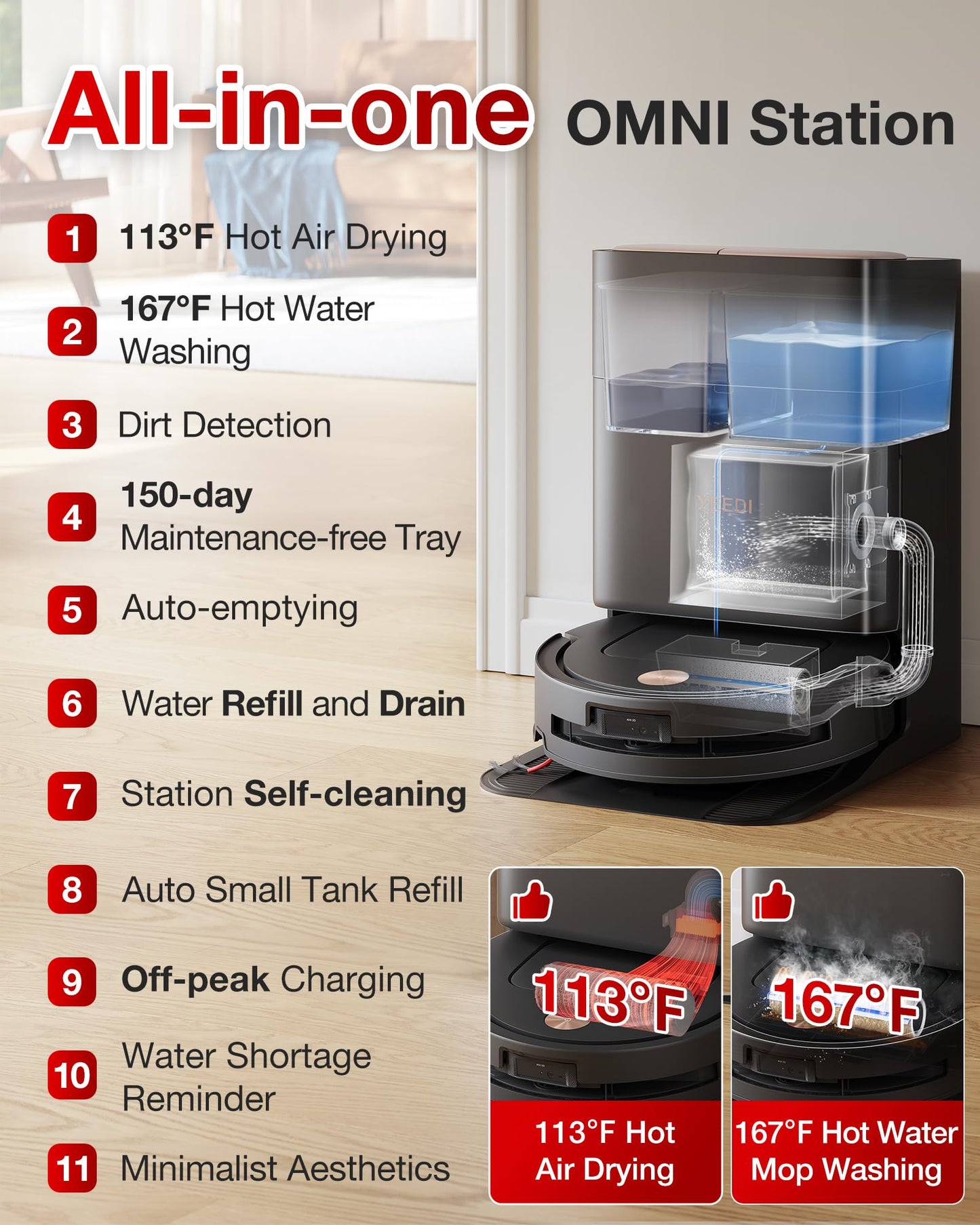Yeedi M14 Plus Robot Vacuum and Mop, 18,000Pa Suction, OZMO Roller Instant Self-Washing Mopping, 167℉ Smart Dynamic Hot Wash & Auto-Dry, ZeroTangle 3.0 Anti-Hair Brush, All-in-One Omni Station, Black