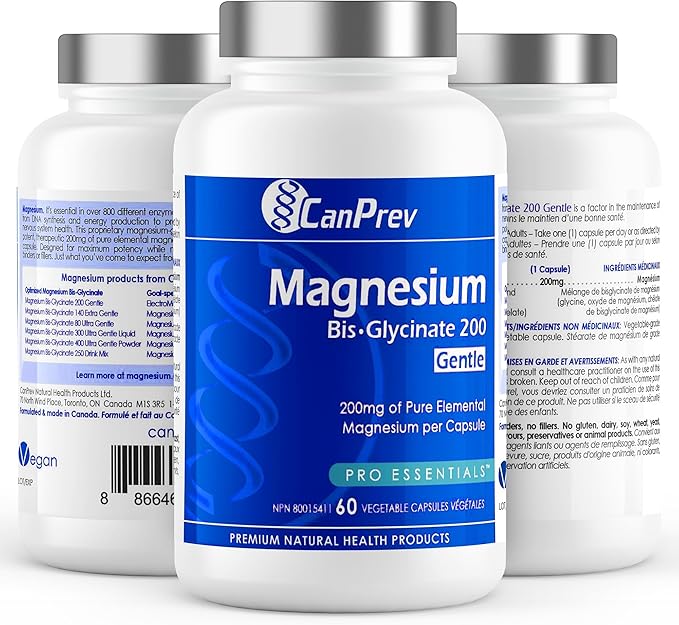 CanPrev Magnesium BisGlycinate 200mg Gentle 60 Veg Caps, 60-Day Supply, Chelated Magnesium Supplement for Bone & Muscle Support, Easy to Digest, Promote Relaxation & Comfort, Vegan, Non-GMO, No Sugar