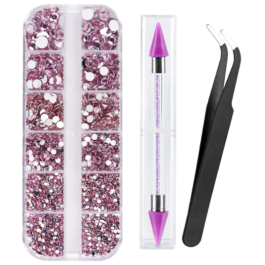 Canvalite 1500Pcs Pink Rhinestones Flat Back Gems, Nail Rhinestones Nail Art Gems With Pick Up Tweezers And Rhinestone Picker Do
