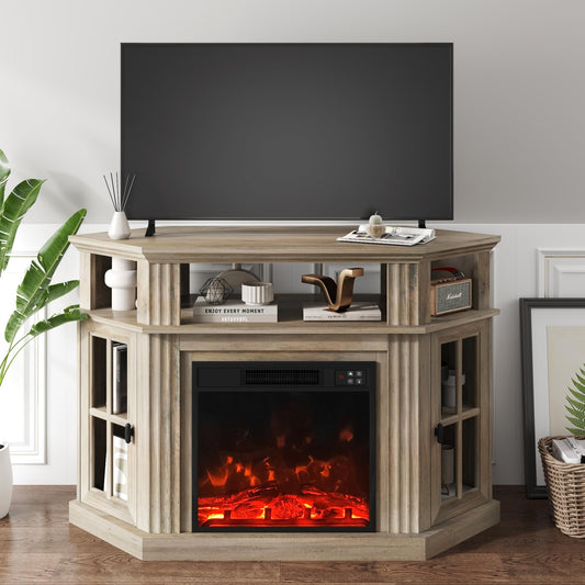 YESHOMY Corner Fireplace TV Stand for Television up to 55" with Storage Cabinets, Entertainment Center, Media Console for Living Room, Bedroom, Rustic Gray