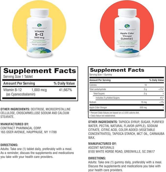 Earth's Splendor Energy & Wellness: Vitamin B12 Tablets for Metabolism Support + Apple Cider Vinegar Gummies for Energy