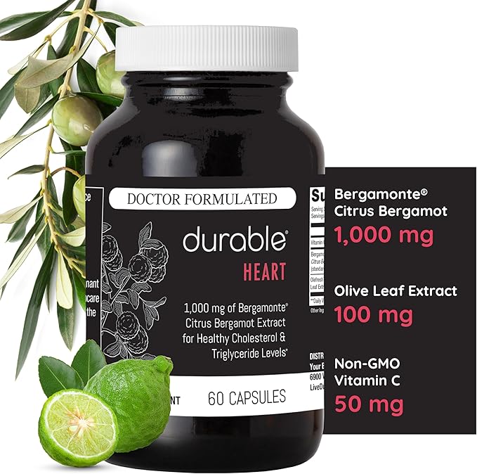 Durable Heart - Extra-Strength 1000 mg Bergamonte Citrus Bergamot + Olive Leaf Extract +Non-GMO Vitamin C – Natural Heart Health Supplement for Healthy Cholesterol Support – Made in the USA (3 Bottle)