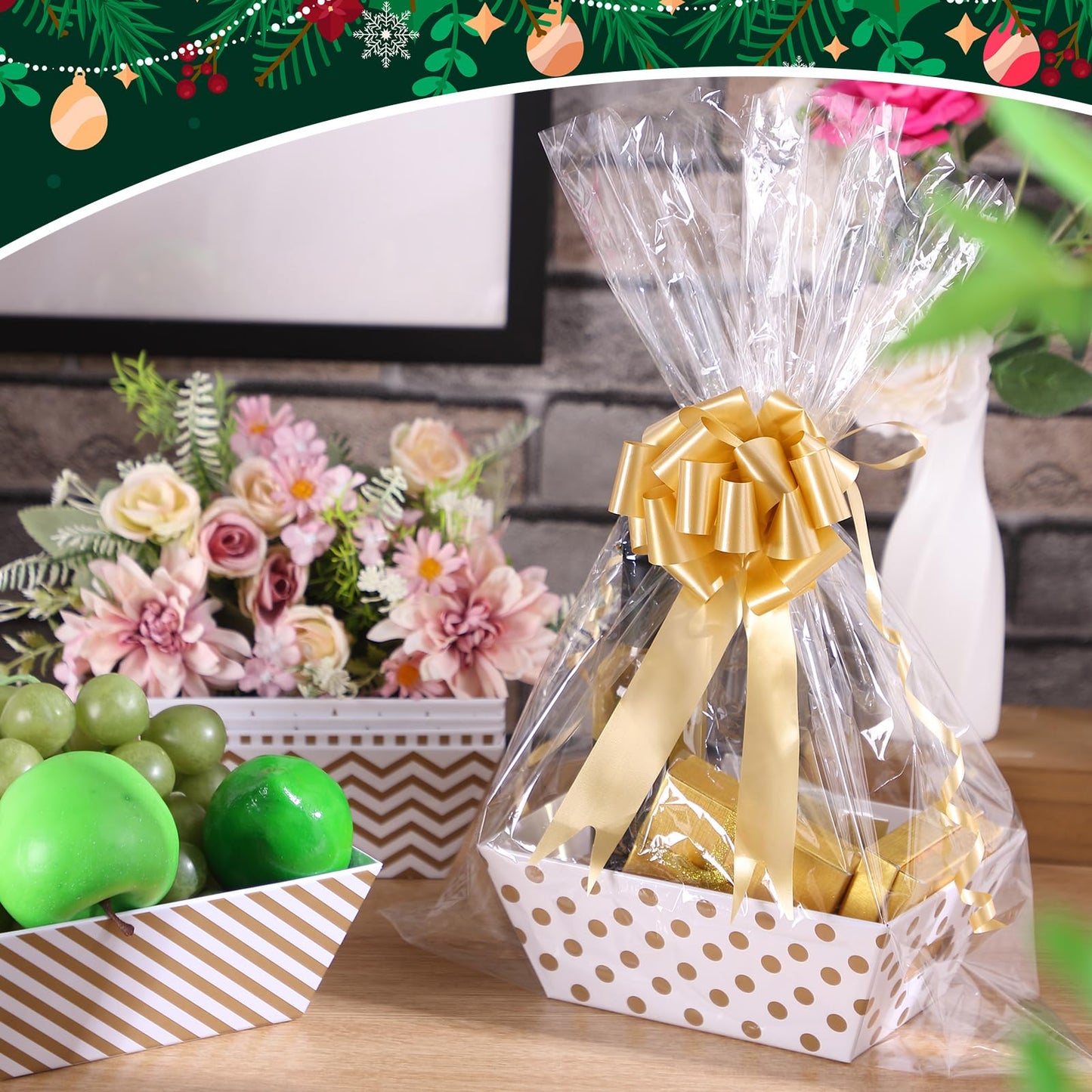 Canlierr 50 Pcs Basket for Gifts Empty Include 12 Pcs 8" x 6" x 3" Basket Empty to Fill with Handles 18 Pull Bows and 20 Clear Plastic Bags for Wedding Birthday Party Gift Wrapping(Golden)