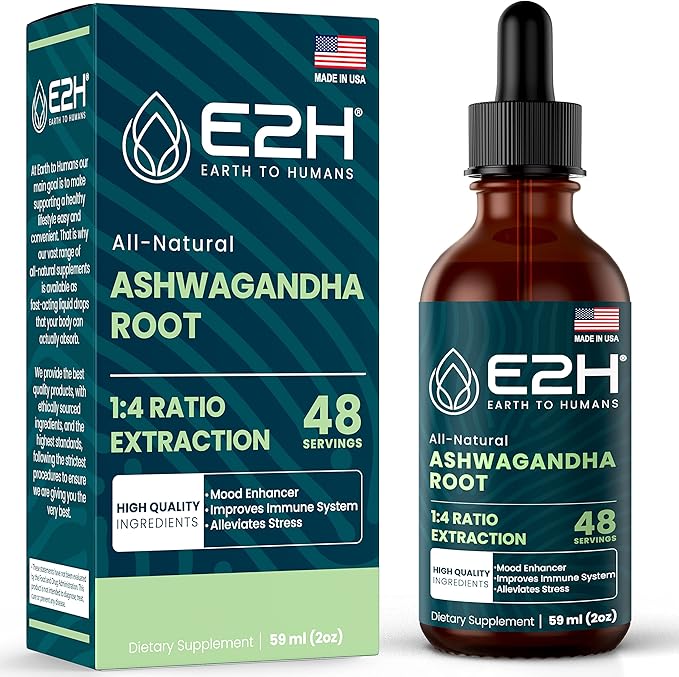 E2H Ashwagandha Liquid Drops - All-Natural Ashwagandha Supplement for Stress Relief and Mood Enhancer- Organic Ashwagandha Root Extract Effective Cortisol Manager | Non-GMO, Vegan | 2 Fl Oz