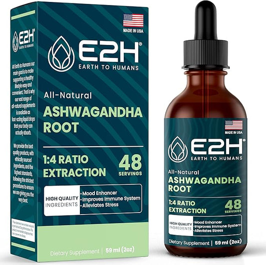 E2H Ashwagandha Liquid Drops - All-Natural Ashwagandha Supplement for Stress Relief and Mood Enhancer- Organic Ashwagandha Root Extract Effective Cortisol Manager | Non-GMO, Vegan | 2 Fl Oz