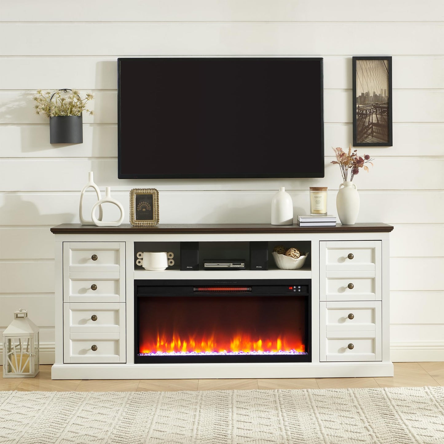 Unineo 70'' Fireplace TV Stand for up to 80'' Tvs with Drawer, Large Storage Tv Console Cabinet w/ 36'' Electric Fireplace, Media Entertainment Center for Living Room/Bedroom, White