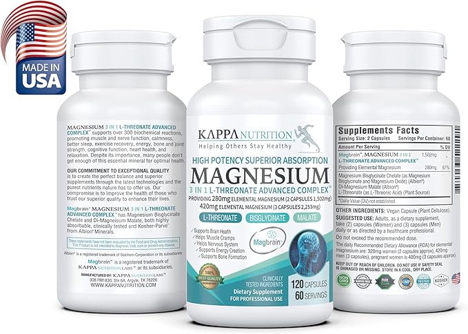 (120 Capsules), 2,253mg Per Serving, Providing 420mg Elemental Magnesium, L-Threonate, Bisglycinate Chelate, Malate, from Kappa Nutrition.