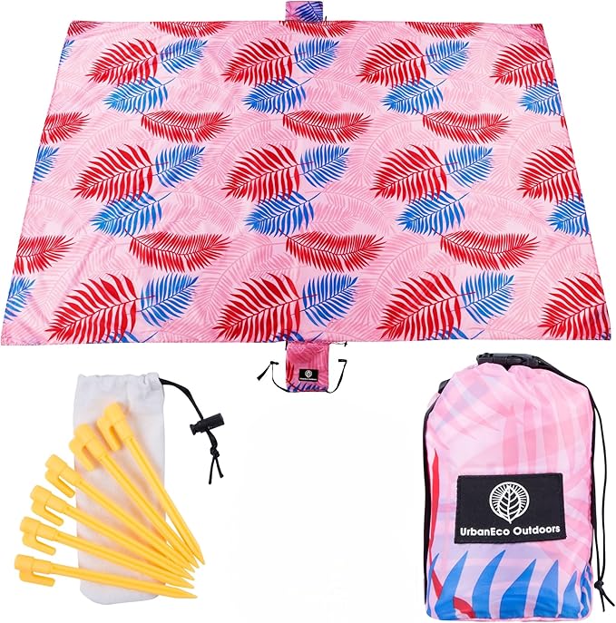 Lightweight Beach Blanket - Oversized 107" x 77" - Waterproof Sandproof - Double Anchored for Fun Leisure Beach Blanket - with Stake and Pouch - Durable Sand Beach Mat