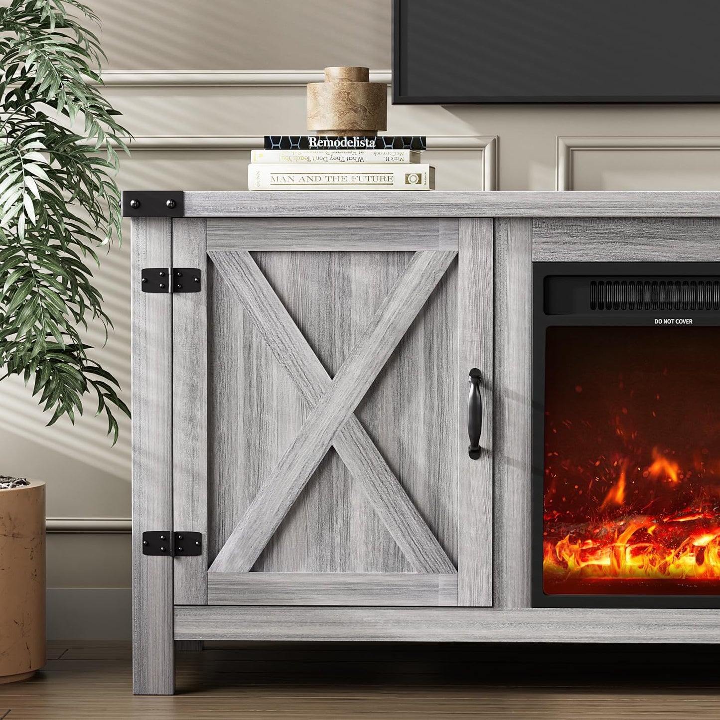 YESHOMY Fireplace TV Stand with Two Barn Doors and Storage Cabinets for Televisions up to 65+ Inch, Entertainment Center Console Table, Media Furniture for Living Room, 58 Inch, Gray Wash