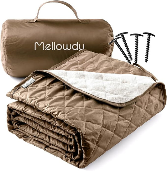 Mellowdy Easy-Carry Outdoor Blanket - Waterproof, Windproof, Warm, Utility Blanket for Camping, Picnic, Stadium, Beach, Gameday, Travel, Foldable with Carrying Bag (Tan,55x80 inch)
