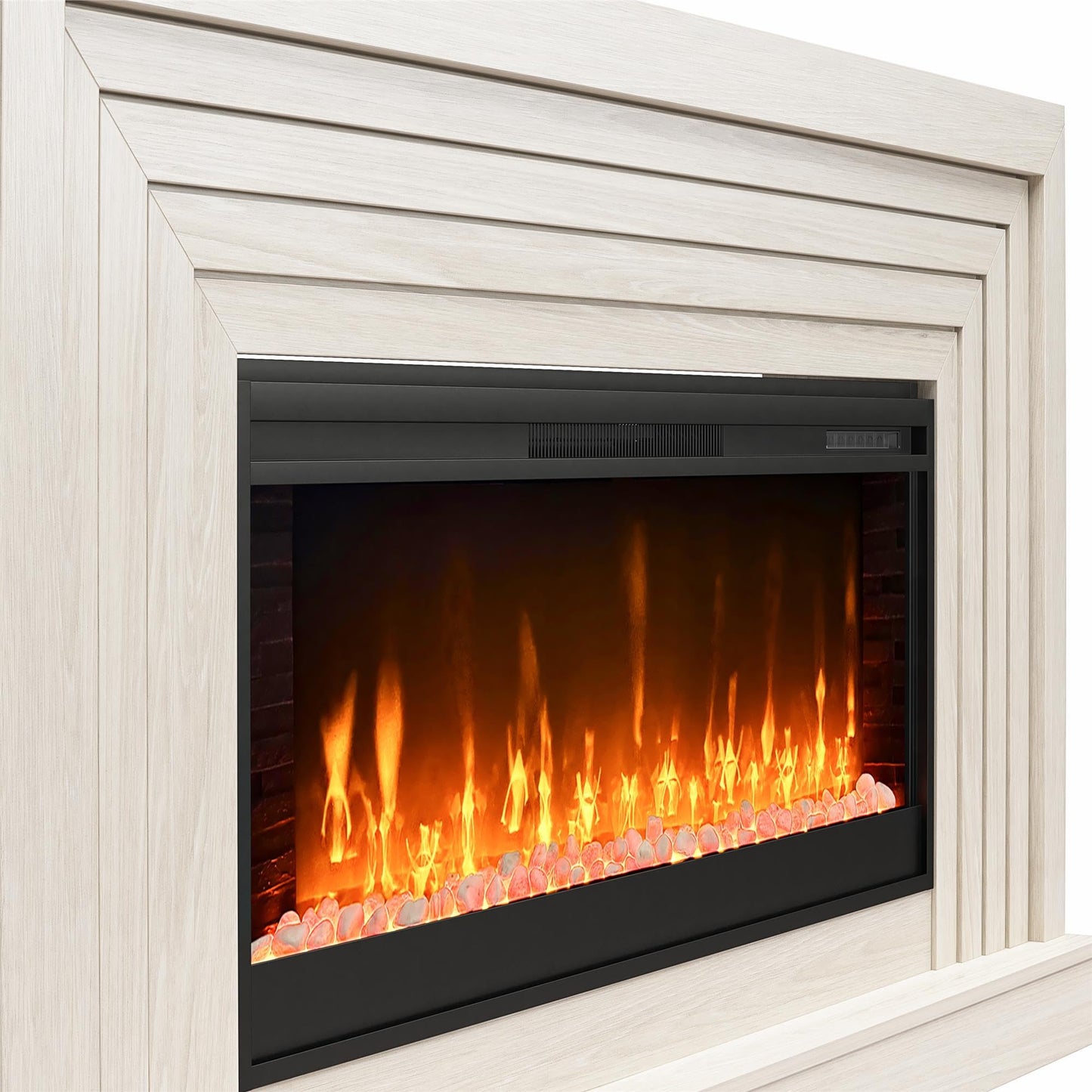 Novogratz Monroe Wide Mantel Stone and Crystal Electric Fireplace, White Oak
