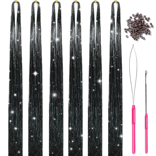 Missuhui Hair Tinsel Kit With Tools 47Inch 1200 Strands Glitter Tinsel Hair Extensions Sparkling Shiny Fairy Hair Tinsel Strands