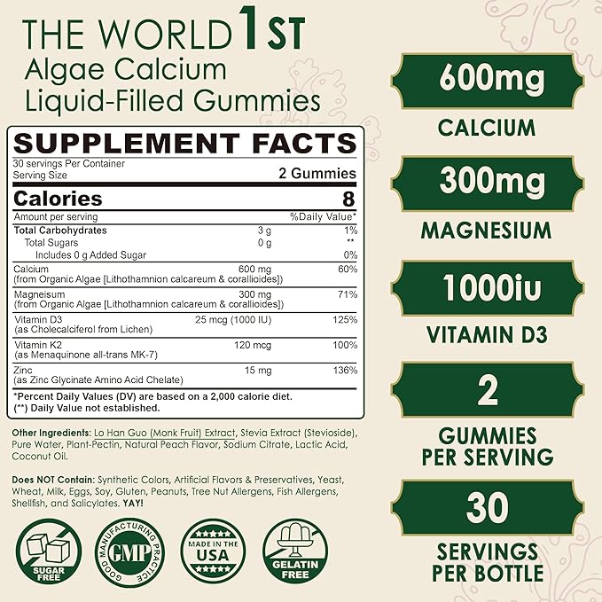 (2 pack) Plant Based Calcium Gummies 600mg with Vitamin D3 K2, Zinc for Bone Strength, Calcium Supplements for Women (Certified Vegan) Sustainably Sourced Algae Calcium Magnesium 2:1 Ratio, Sugar Free