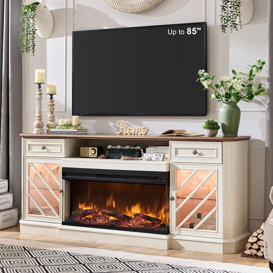OKD 75 Inch 3-Sided Electric Fireplace TV Stand for TVs up to 85'',Modern Highboy Entertainment Center with 36" Fireplace & LED Lights,Widen Drawers and Glass Door Storage Cabinet, Antique White
